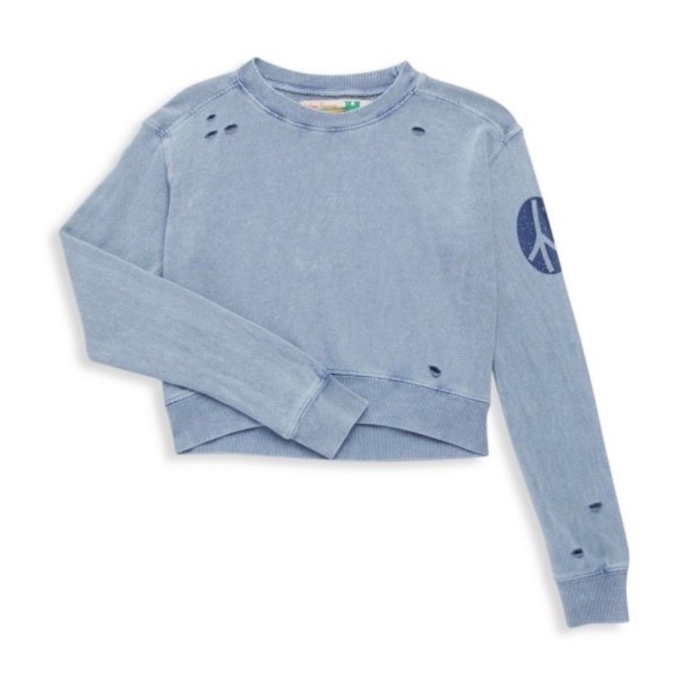 VINTAGE HAVANA Girls Distressed French Terry Peace‎ Sweatshirt Blue XL 16 NWT